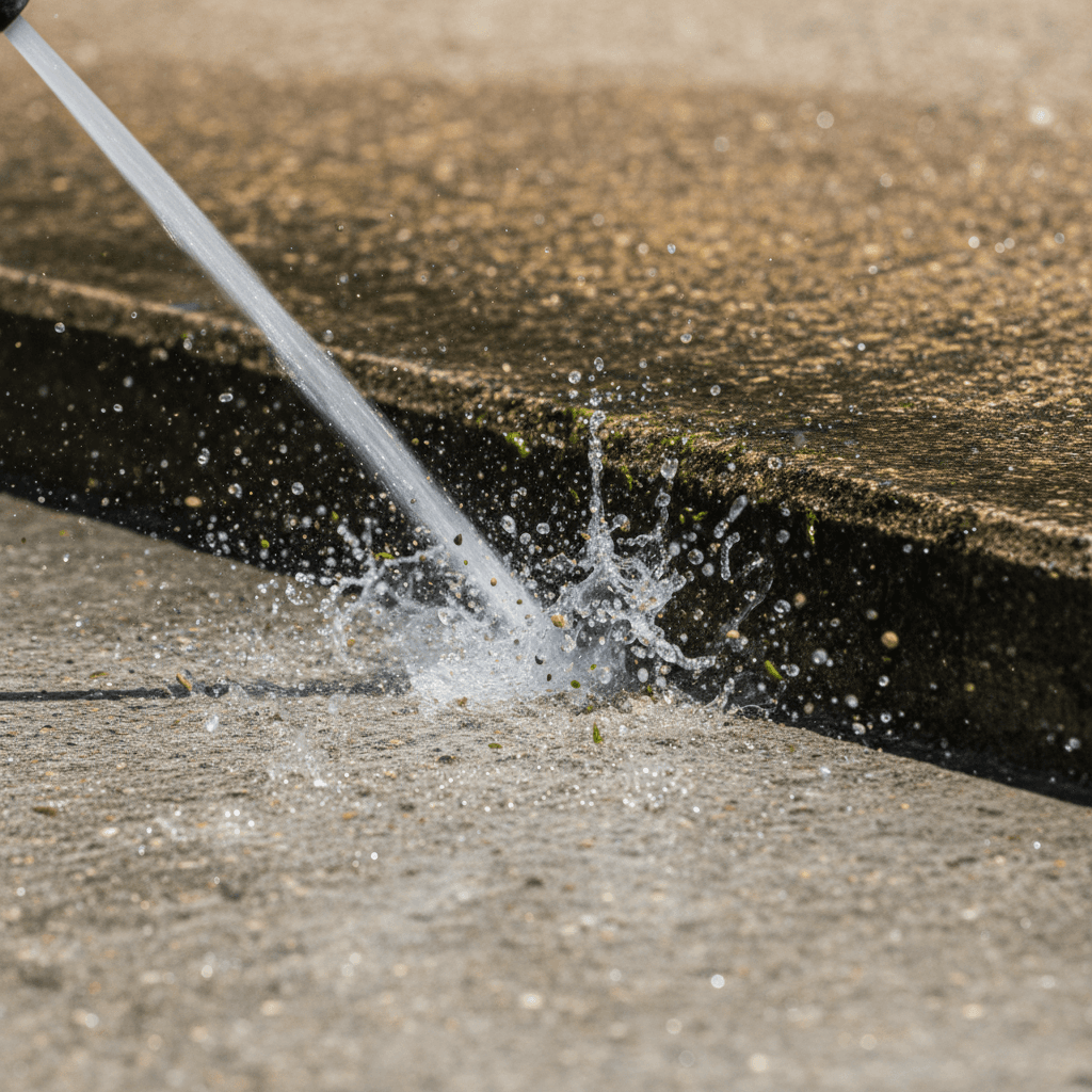 Pressure washing concrete driveway with high-pressure water stream