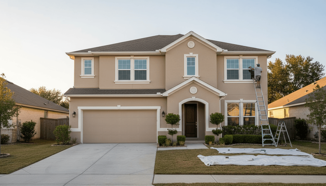 Completed exterior residential house painting with fresh warm-toned paint and white trim in afternoon sunlight
