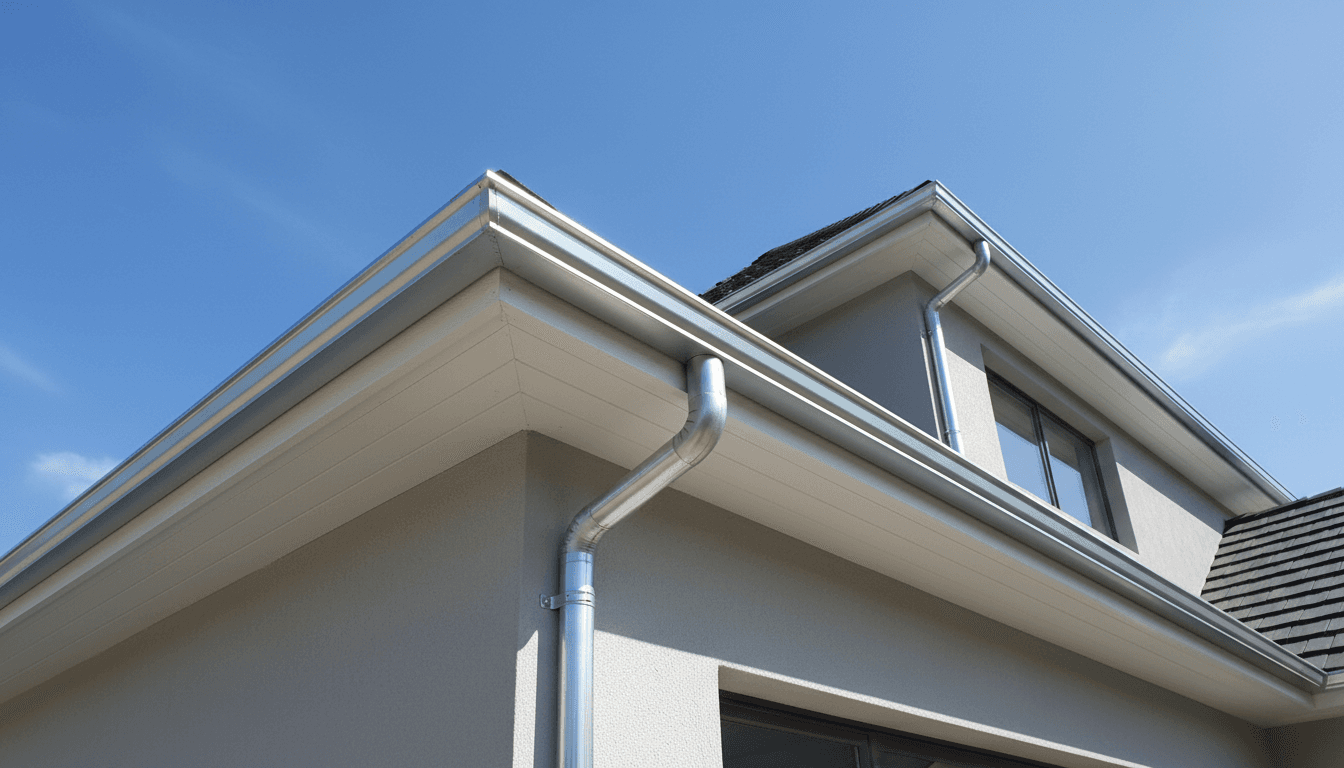 Newly installed aluminum guttering system running along residential roofline with proper slope