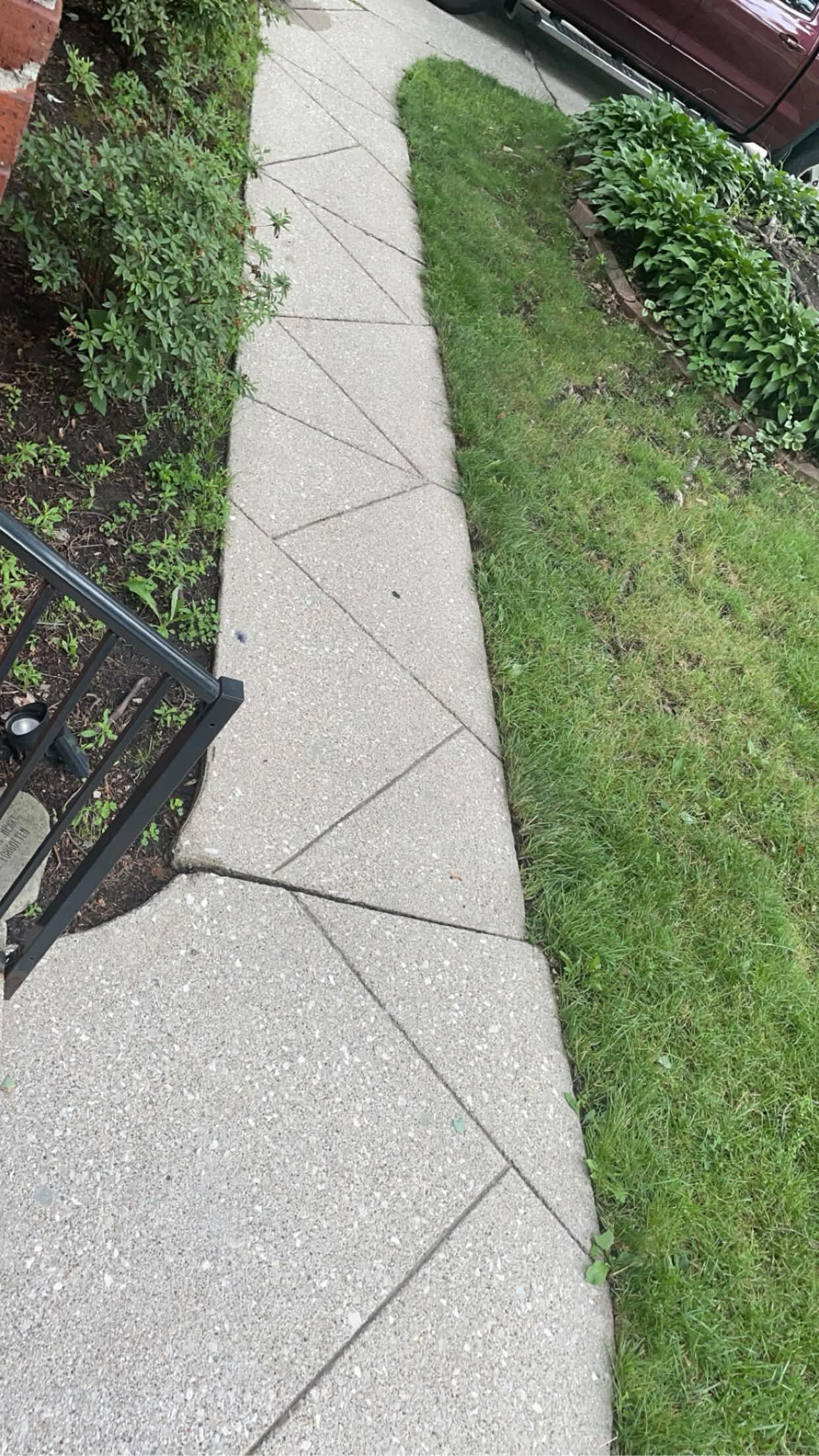 Concrete sidewalk with a geometric triangle pattern, bordered by green grass and garden foliage.